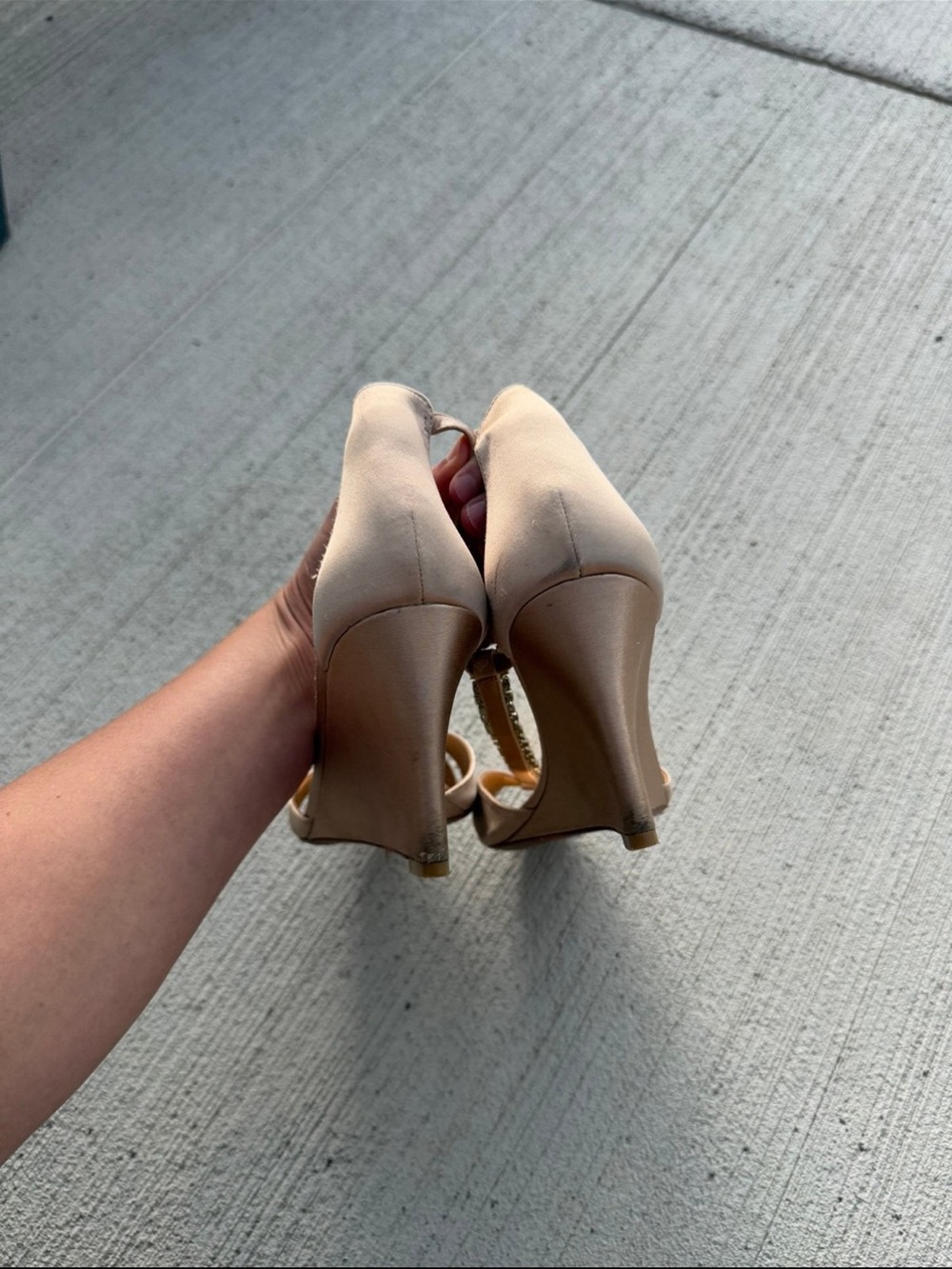 Badgley Mischka Rose Gold Satin T-Strap Crystal Embellished Heels - Picture 10 of 12